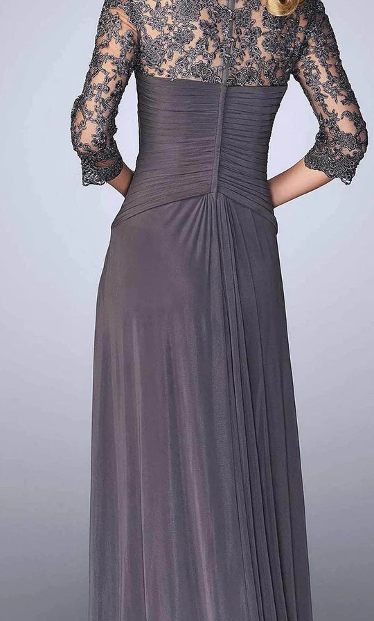 Elegant Sheath V-Neck Three-Quarter-Sleeve Sheer-Back Dusty Lavender Ruched-Chiffon Floor-Length Mother of the Bride Dresses