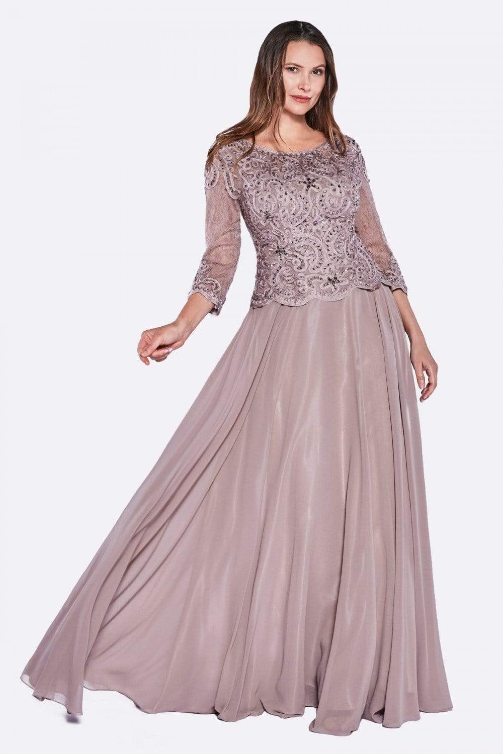 Elegant Two-Piece A-Line Boat-Neck Three-Quarter-Sleeve Sheer-Back Dusty Mauve Beaded-Lace Floor-Length Mother of the Bride Dresses