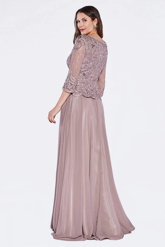 Elegant Two-Piece A-Line Boat-Neck Three-Quarter-Sleeve Sheer-Back Dusty Mauve Beaded-Lace Floor-Length Mother of the Bride Dresses