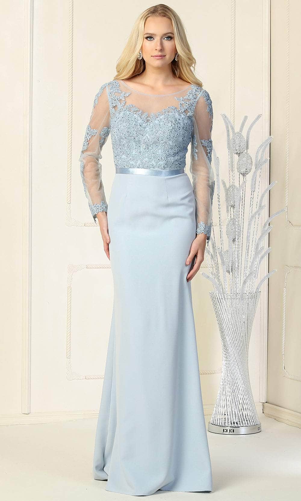 Elegant Two-Piece Mermaid Illusion-Neck Long-Sleeve Sheer-Back Powder Blue Lace-Satin Floor-Length Mother of the Bride Dresses