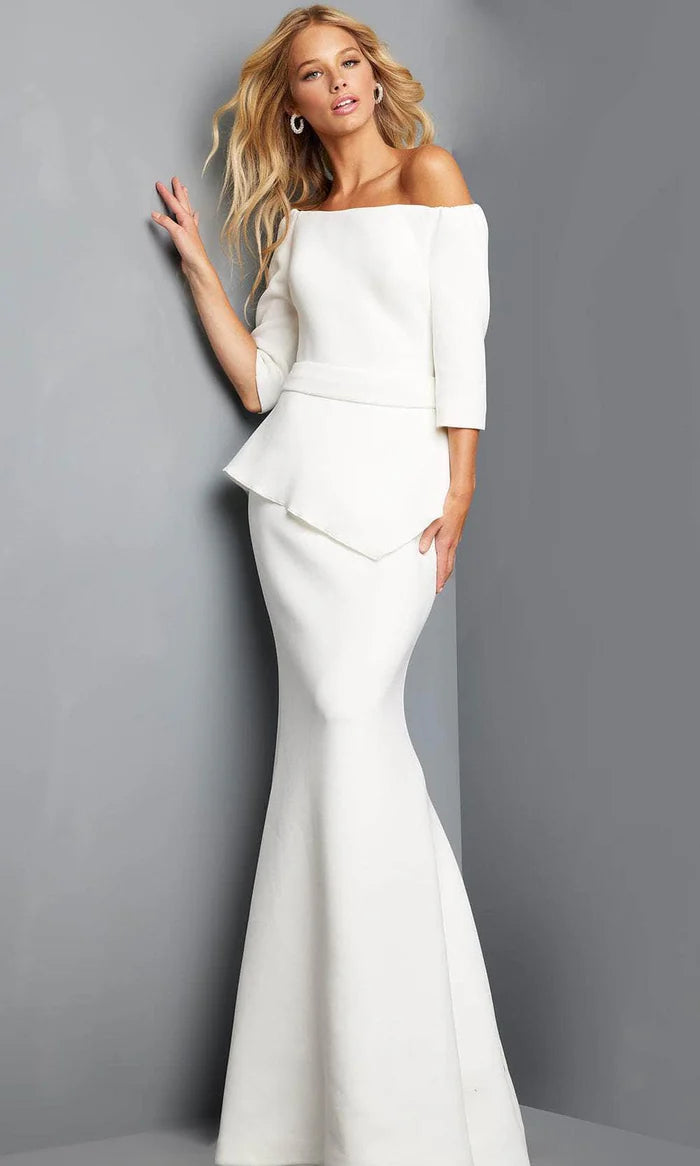 Elegant Two-Piece Mermaid Off-Shoulder Three-Quarter-Sleeve Open-Back White Crepe Floor-Length Mother of the Bride Dresses