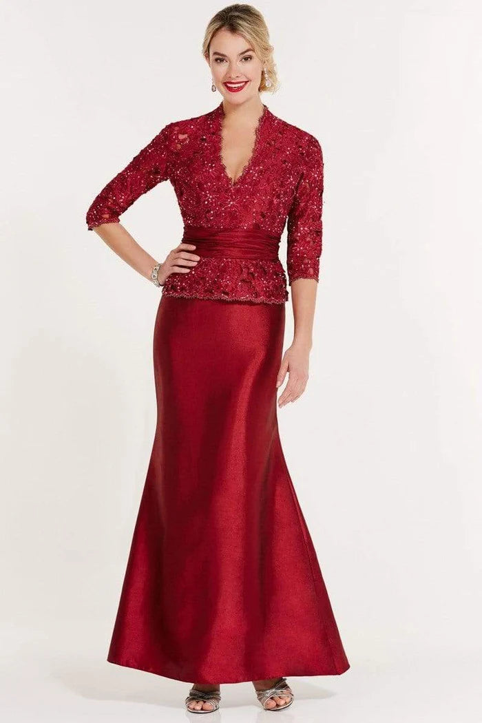 Elegant Two-Piece Mermaid V-Neck Three-Quarter-Sleeve Back-Slit Burgundy Lace-Satin Floor-Length Mother of the Bride Dresses