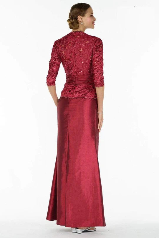 Elegant Two-Piece Mermaid V-Neck Three-Quarter-Sleeve Back-Slit Burgundy Lace-Satin Floor-Length Mother of the Bride Dresses