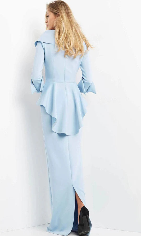 Elegant Two-Piece Sheath Off-Shoulder Bell-Sleeve Back-Slit Sky Blue Crepe Floor-Length Mother of the Bride Dresses
