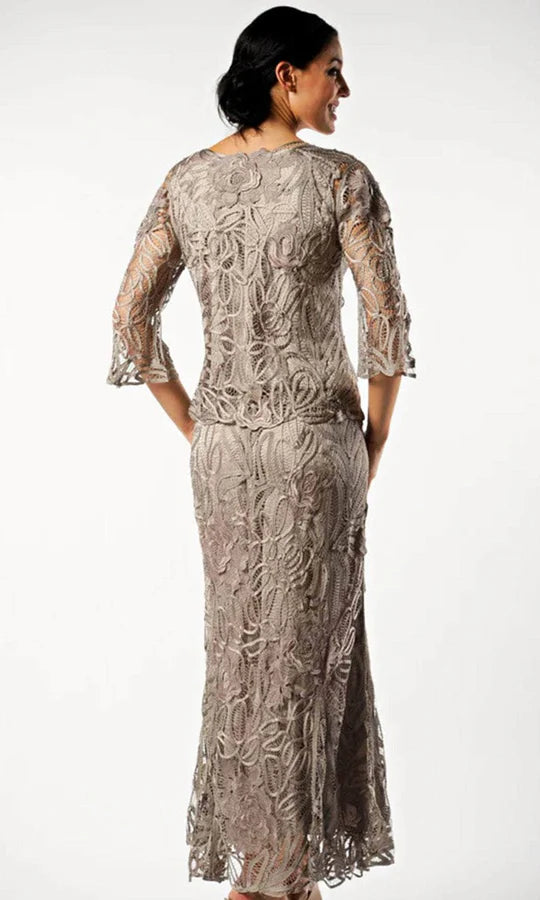 Elegant Two-Piece Sheath V-Neck Three-Quarter-Sleeve Sheer-Back Champagne Embroidered-Lace Floor-Length Mother of the Bride Dresses