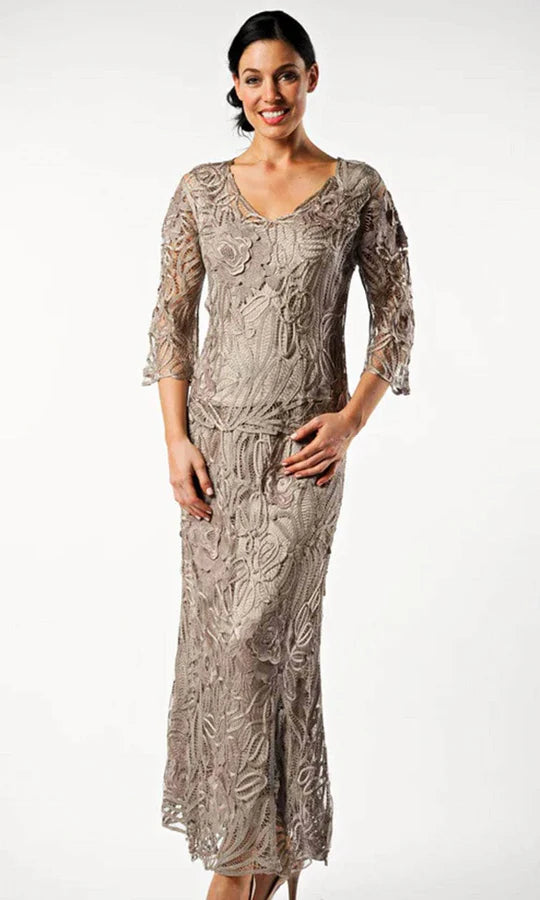Elegant Two-Piece Sheath V-Neck Three-Quarter-Sleeve Sheer-Back Champagne Embroidered-Lace Floor-Length Mother of the Bride Dresses