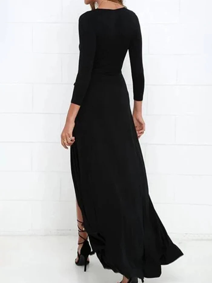 Elegant Wrap Plunge Neck Three - Quarter Sleeve Zipper Back Long Length Prom Dresses