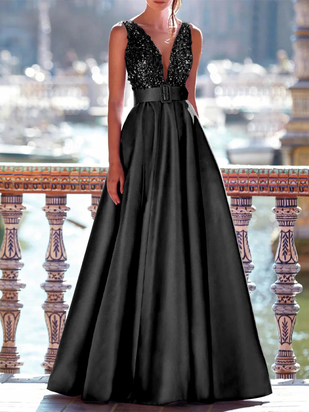 Elegant A-Line Floor Length Sleeveless V Neck Prom Dress Satin with Pearls