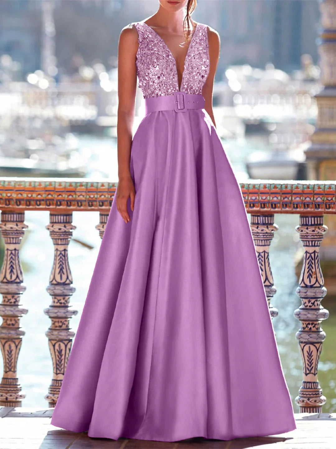 Elegant A-Line Floor Length Sleeveless V Neck Prom Dress Satin with Pearls
