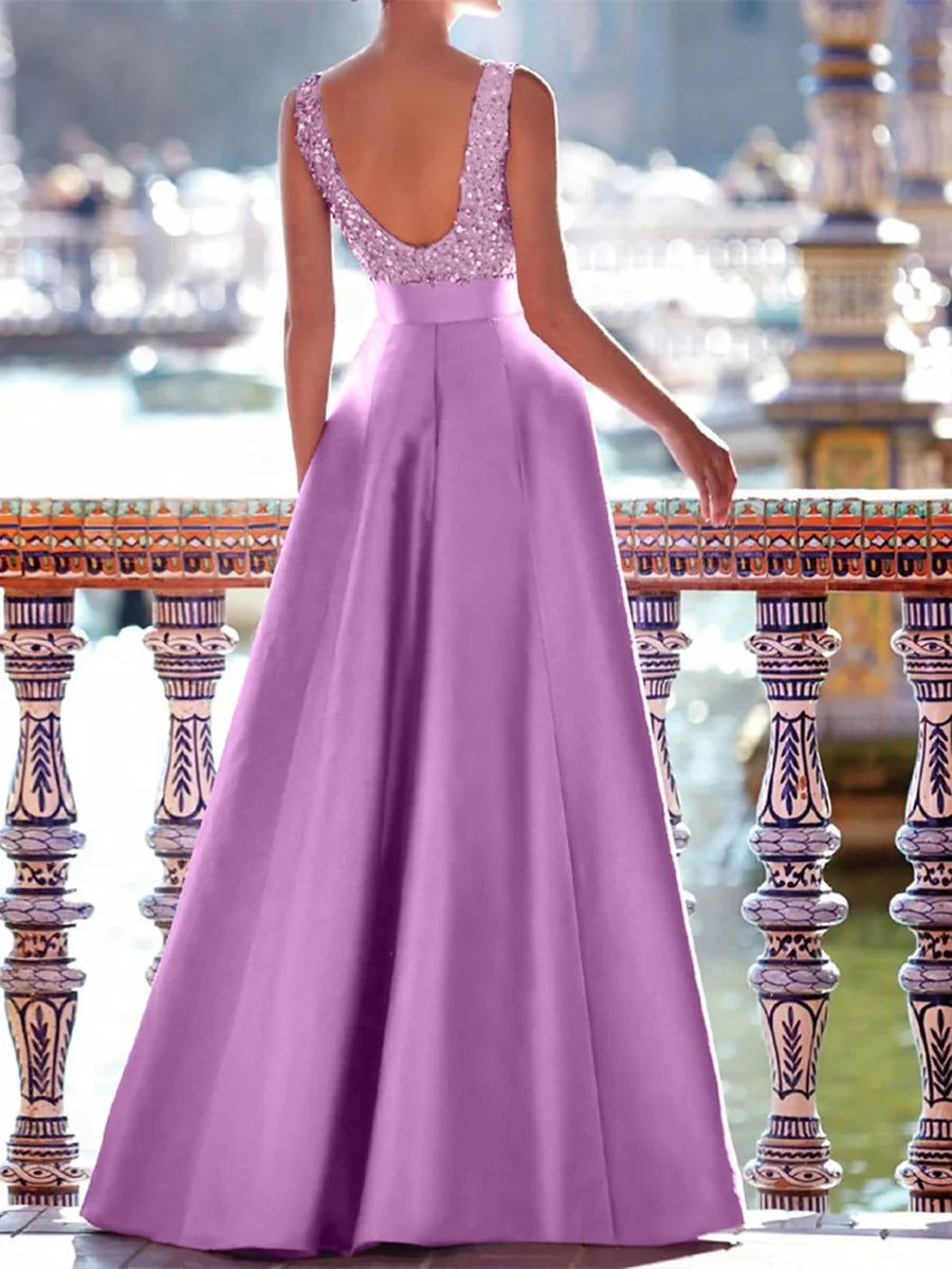 Elegant A-Line Floor Length Sleeveless V Neck Prom Dress Satin with Pearls