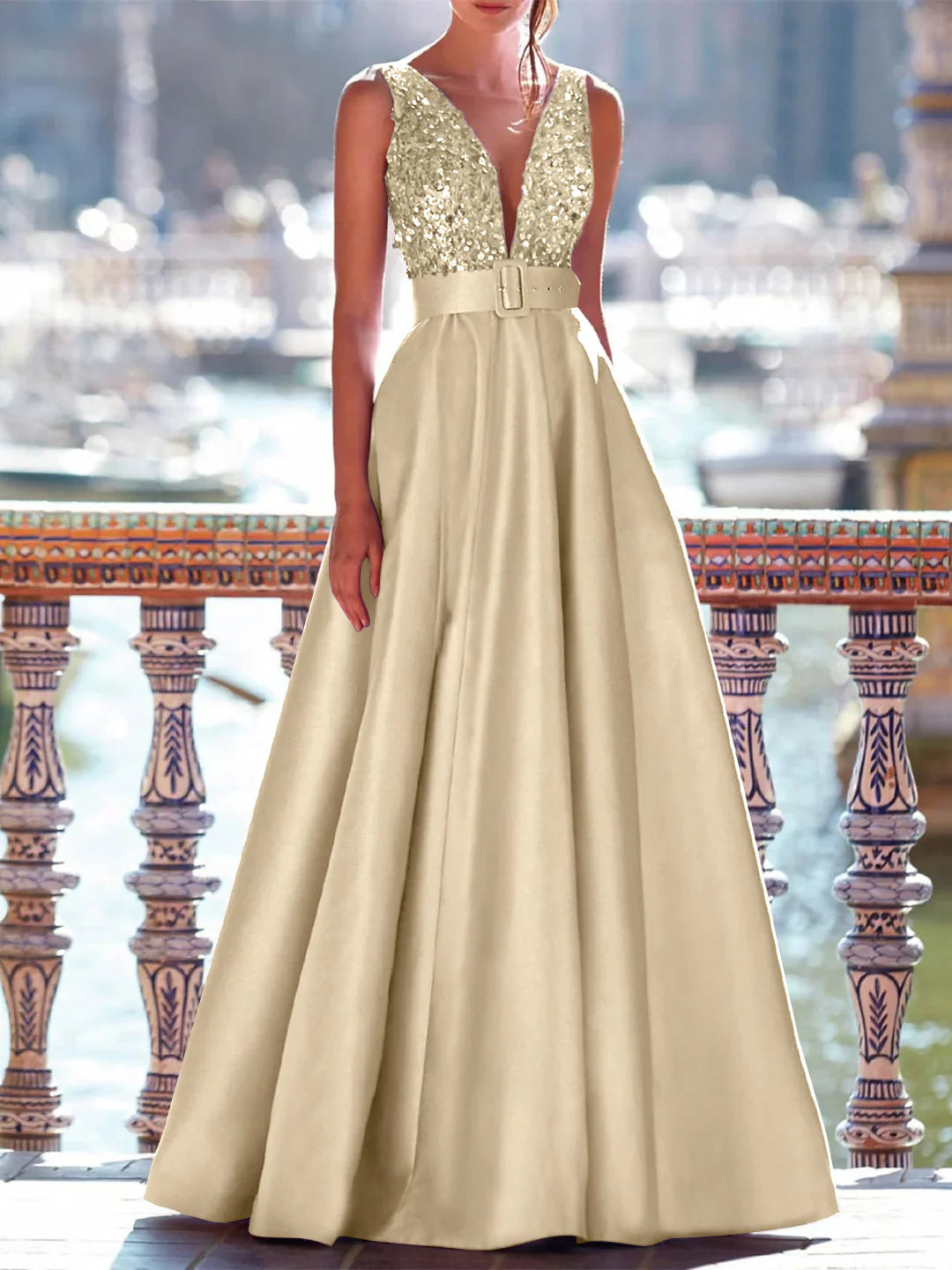 Elegant A-Line Floor Length Sleeveless V Neck Prom Dress Satin with Pearls