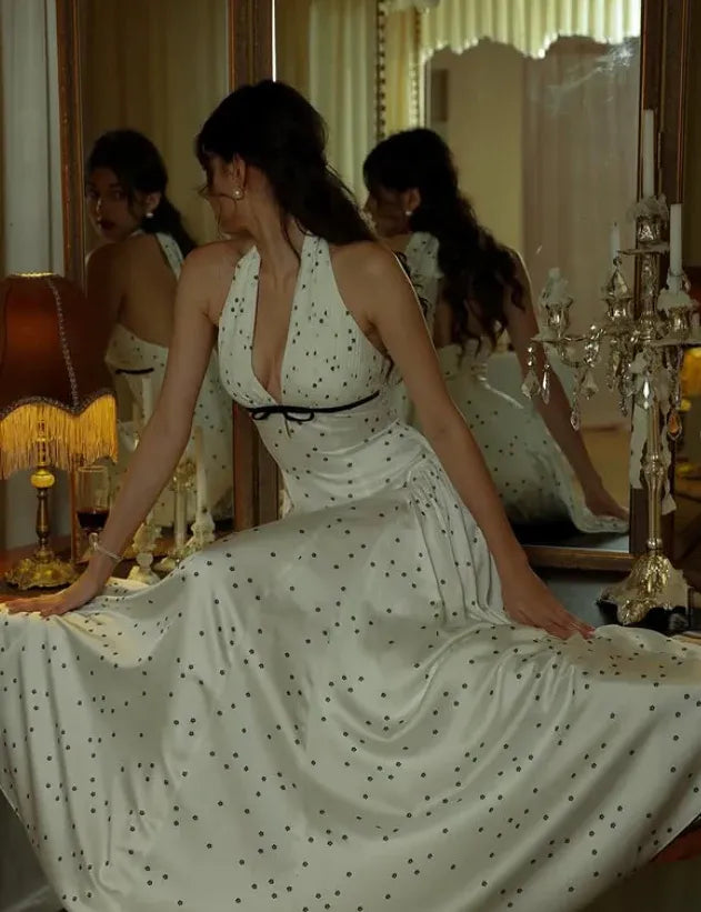Elegant A-Line Halter V-Neck Metallic Dot Ivory Satin Gown