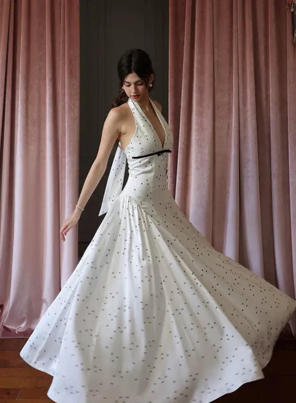 Elegant A-Line Halter V-Neck Metallic Dot Ivory Satin Gown