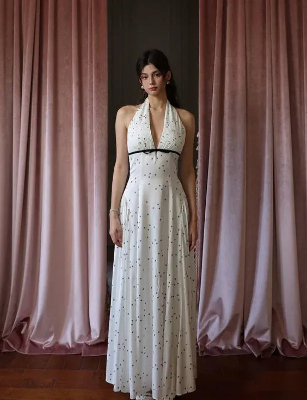 Elegant A-Line Halter V-Neck Metallic Dot Ivory Satin Gown