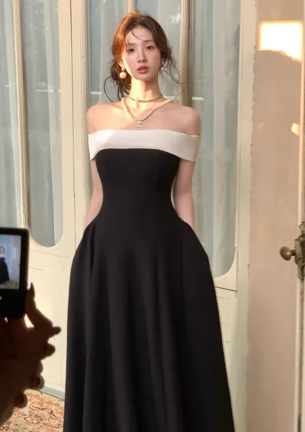 Elegant A-Line Off-the-Shoulder Contrast-Band Black Midi Dresses