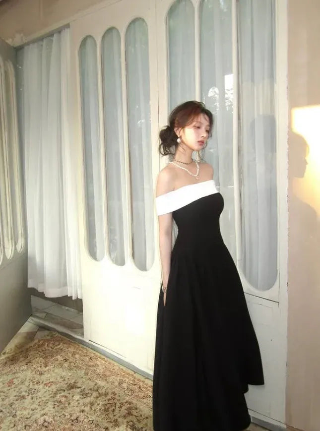 Elegant A-Line Off-the-Shoulder Contrast-Band Black Midi Dresses
