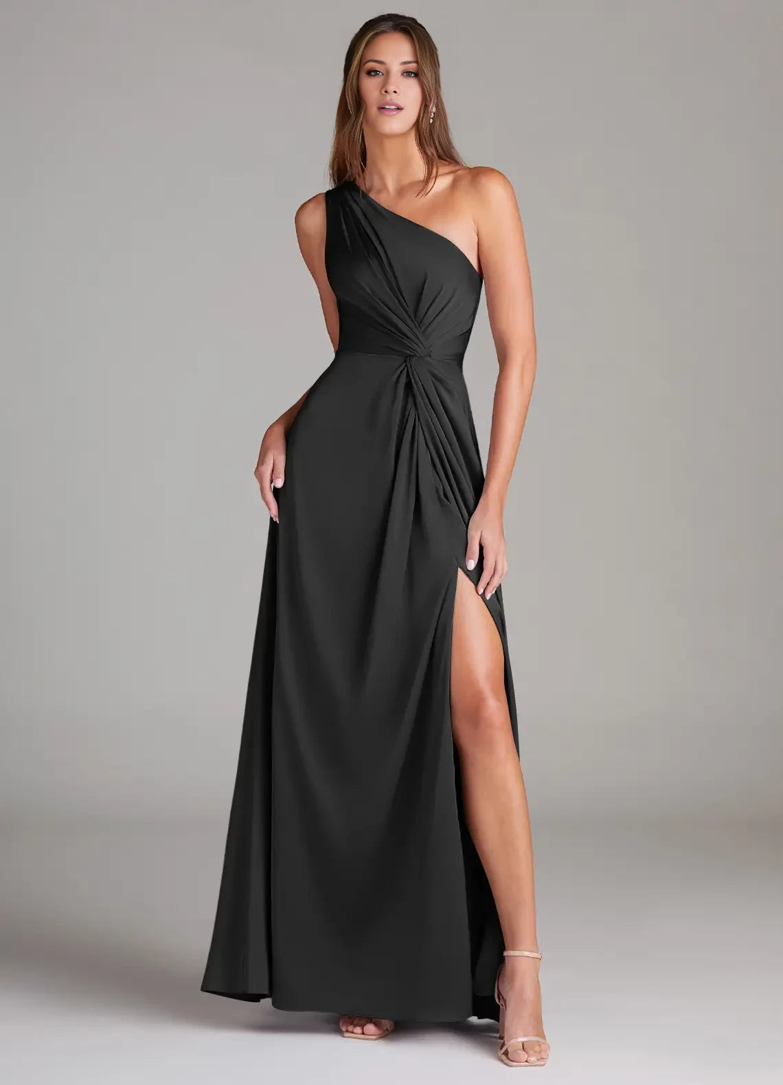 Elegant A-Line One Shoulder Back Zip Floor-Length Side Slit evening dress