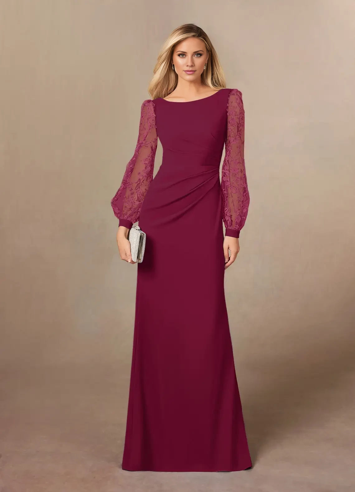 Elegant A-Line Scoop Neck Long Sleeve Back Zip Floor-Length Mother of the Bride Dress