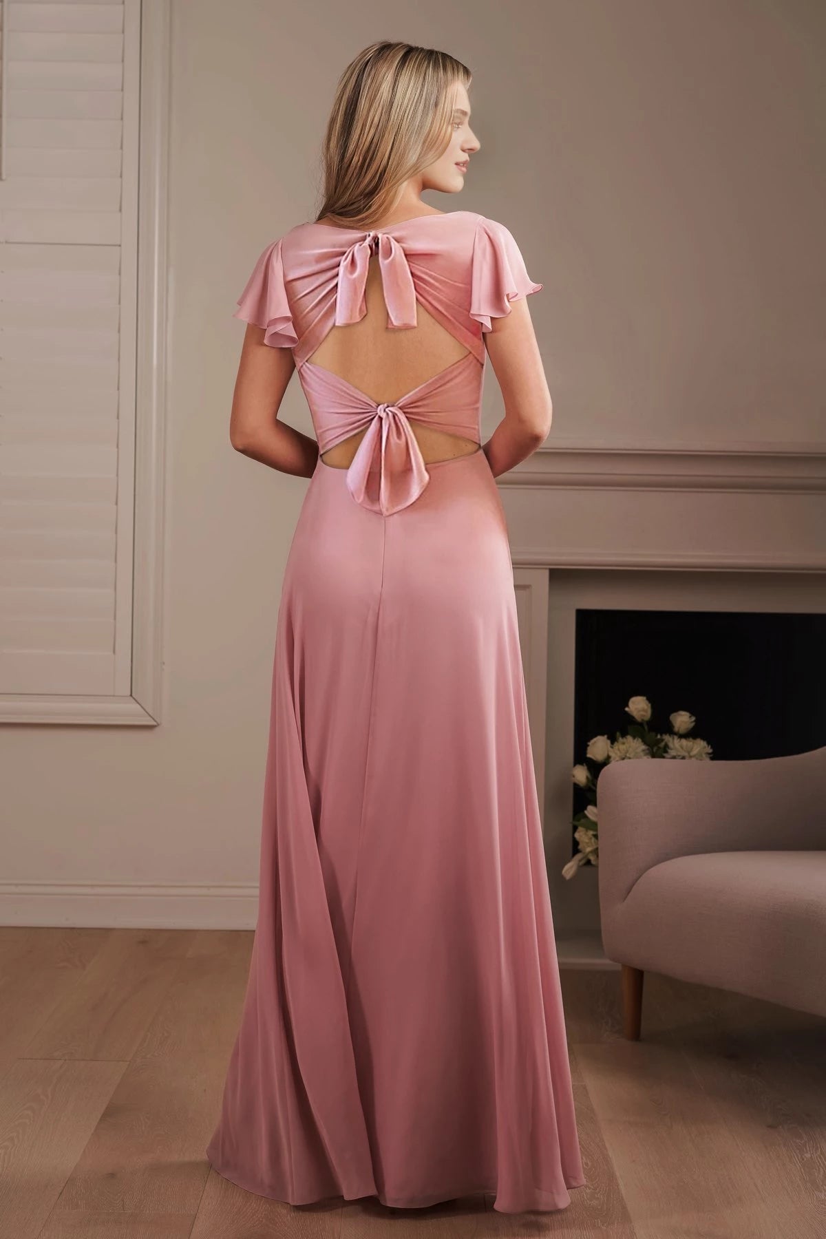 Elegant A-Line Scoop Neck Short Sleeve Lace Up Back Floor-Length Side Slit Bridesmaid Dress