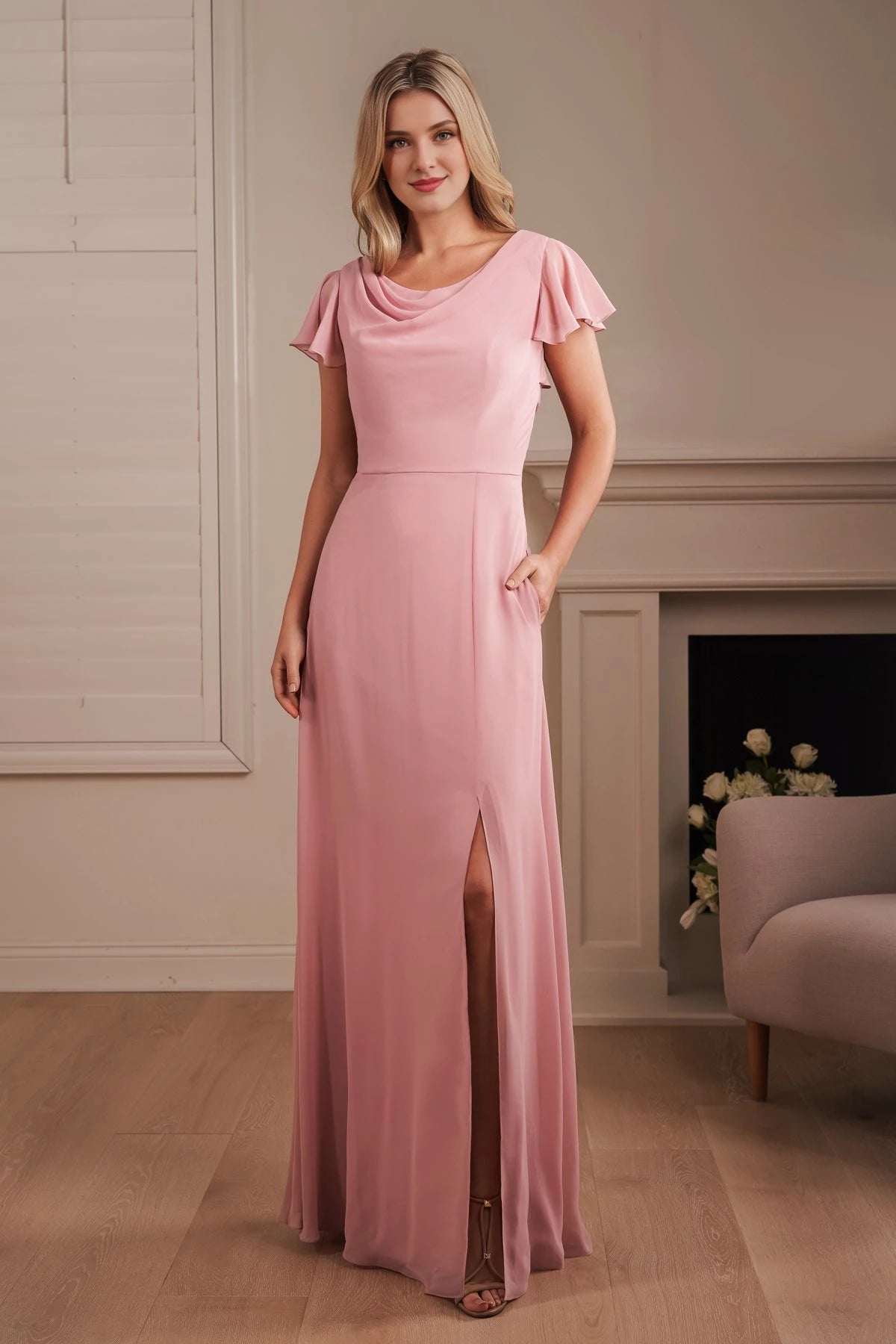 Elegant A-Line Scoop Neck Short Sleeve Lace Up Back Floor-Length Side Slit Bridesmaid Dress