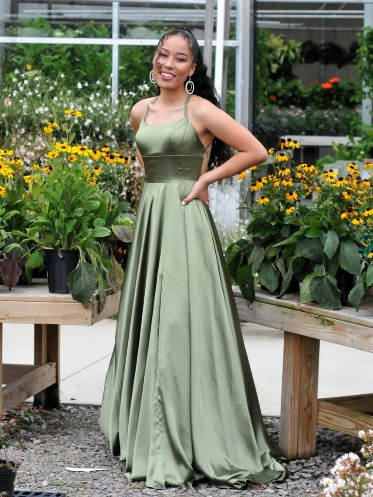 Elegant A-Line Spaghetti-Strap Lace-Up Sage-Green Satin Prom Dresses