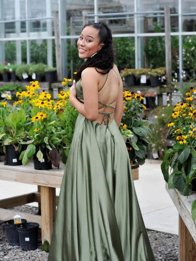 Elegant A-Line Spaghetti-Strap Lace-Up Sage-Green Satin Prom Dresses