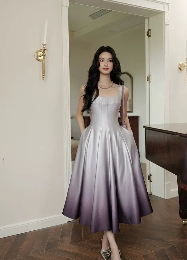 Elegant A-Line Square-Neck Gradient Satin Midi Dresses