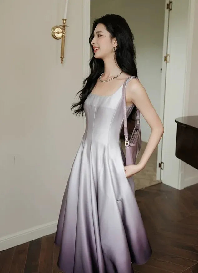 Elegant A-Line Square-Neck Gradient Satin Midi Dresses