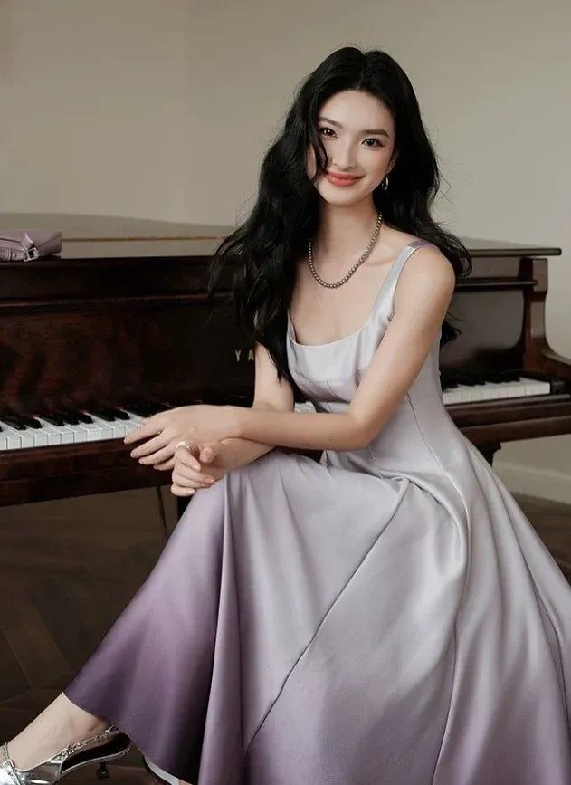 Elegant A-Line Square-Neck Gradient Satin Midi Dresses