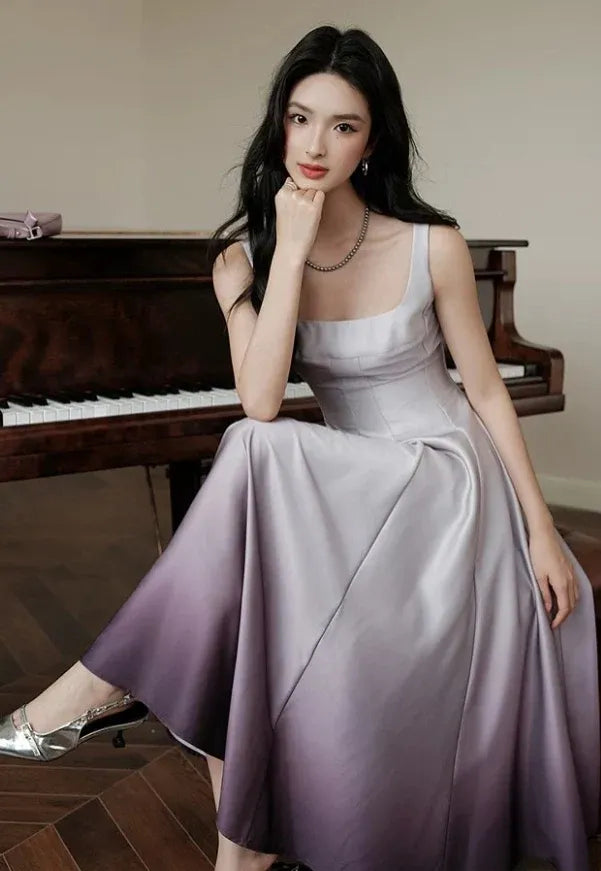 Elegant A-Line Square-Neck Gradient Satin Midi Dresses