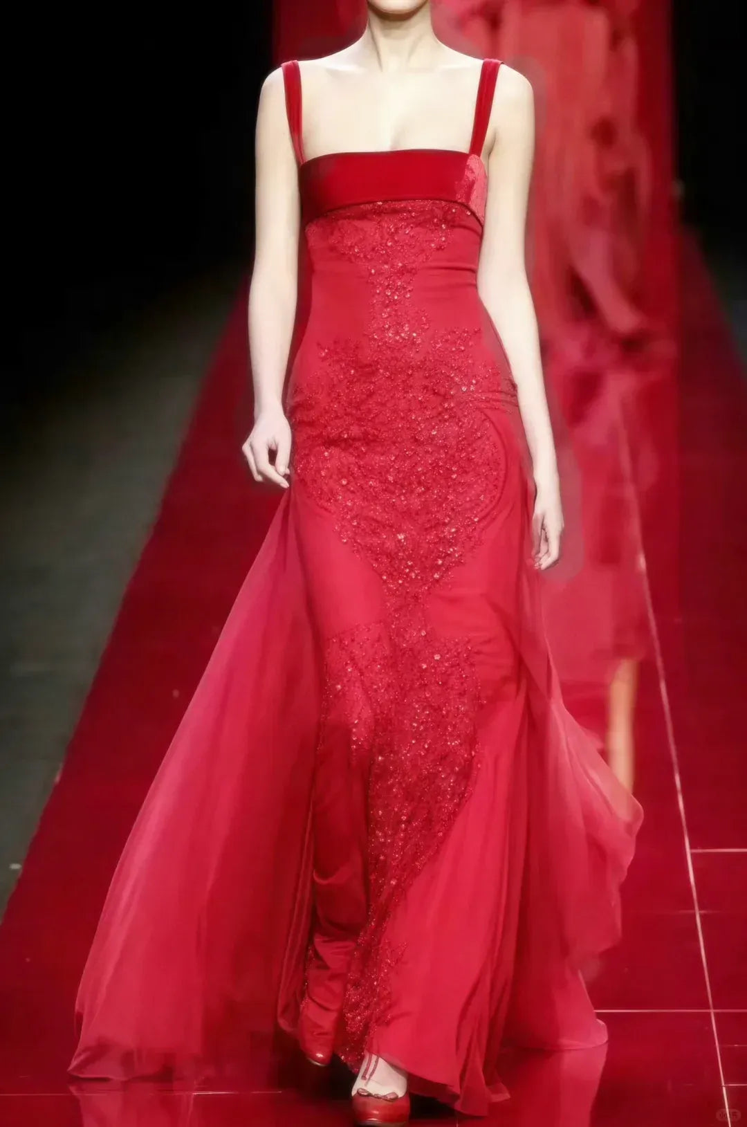 Elegant A-Line Square Neck Beaded Floral Scarlet Red Chiffon Gown