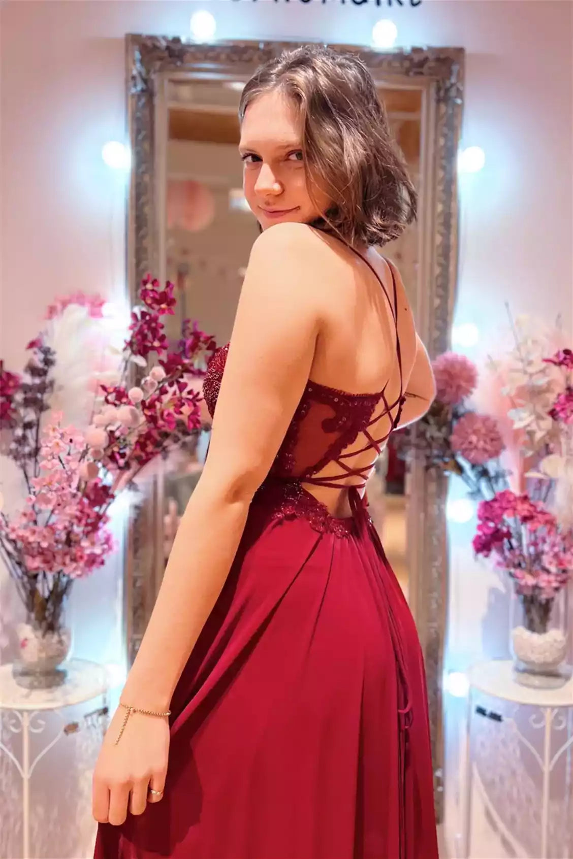 Elegant A-line Spaghetti-Strap Lace-up-Back Slit Floor-Length Formal Gown