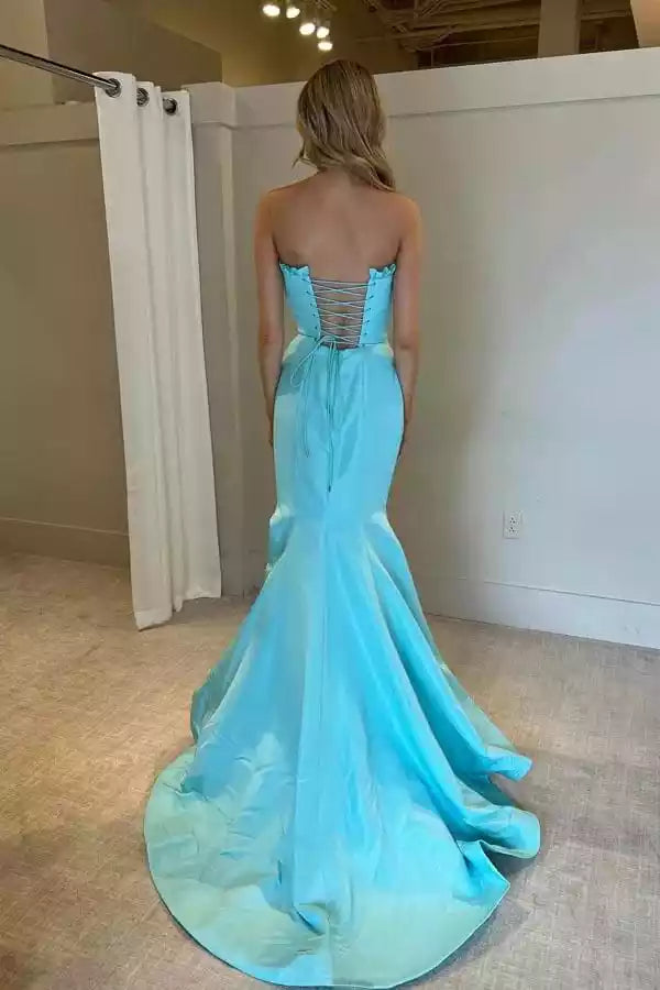 Elegant Aqua Satin Strapless Gown with Lace-Up Back & Mermaid Silhouette