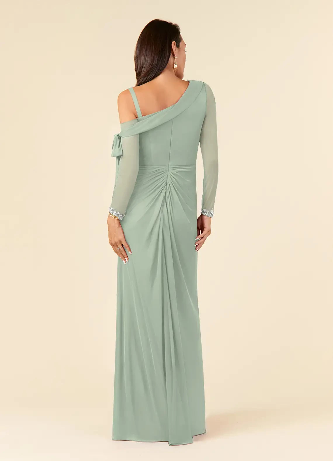 Elegant Asymmetrical Neckline Long Sleeve Back Zip Floor-Length Side Slit Mother of the Bride Dress