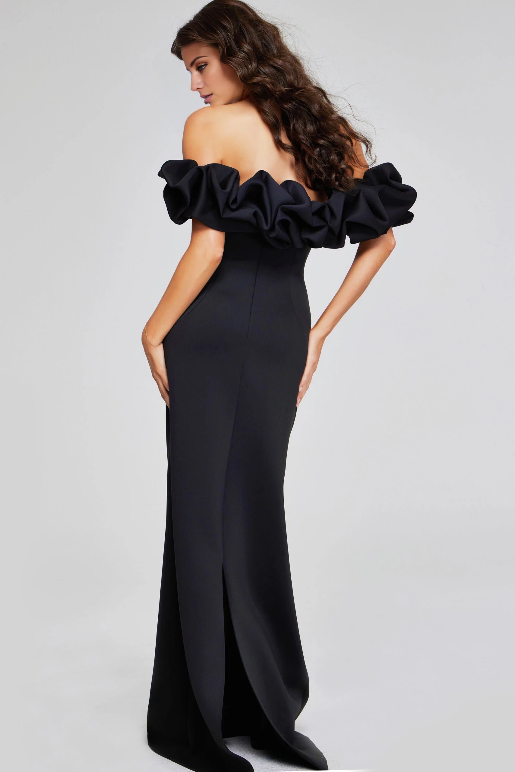 Elegant Black Off-Shoulder Gown with Ruffled Sleeves Evening Dresses