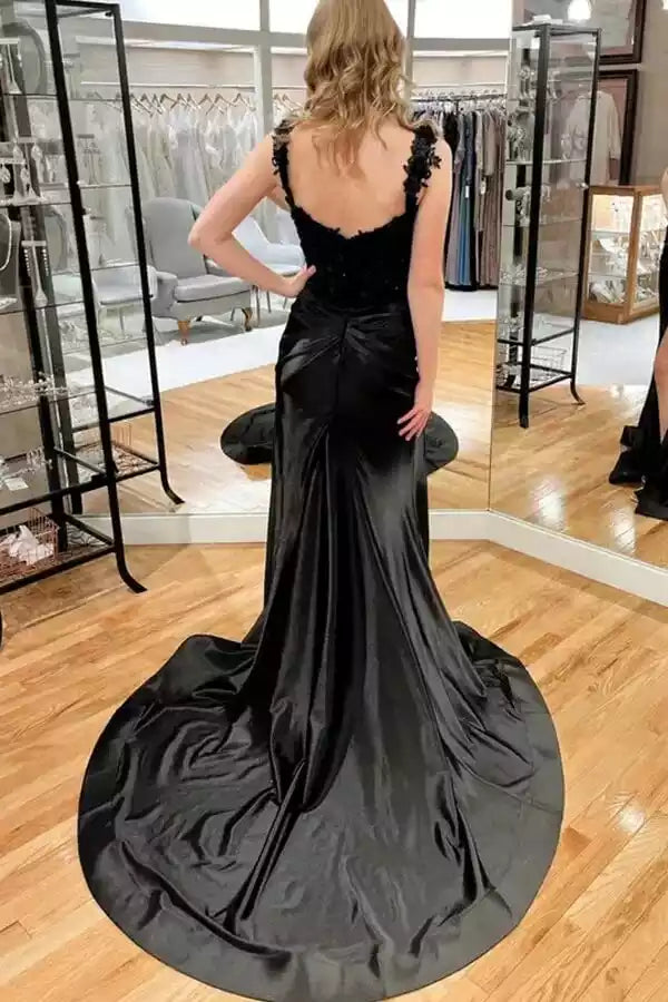 Elegant Black Satin Mermaid Gown with Lace Bodice & Open Back