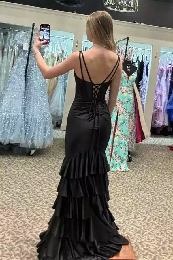 Elegant Black Satin Mermaid Gown with Ruffled Train & Lace-Up Back