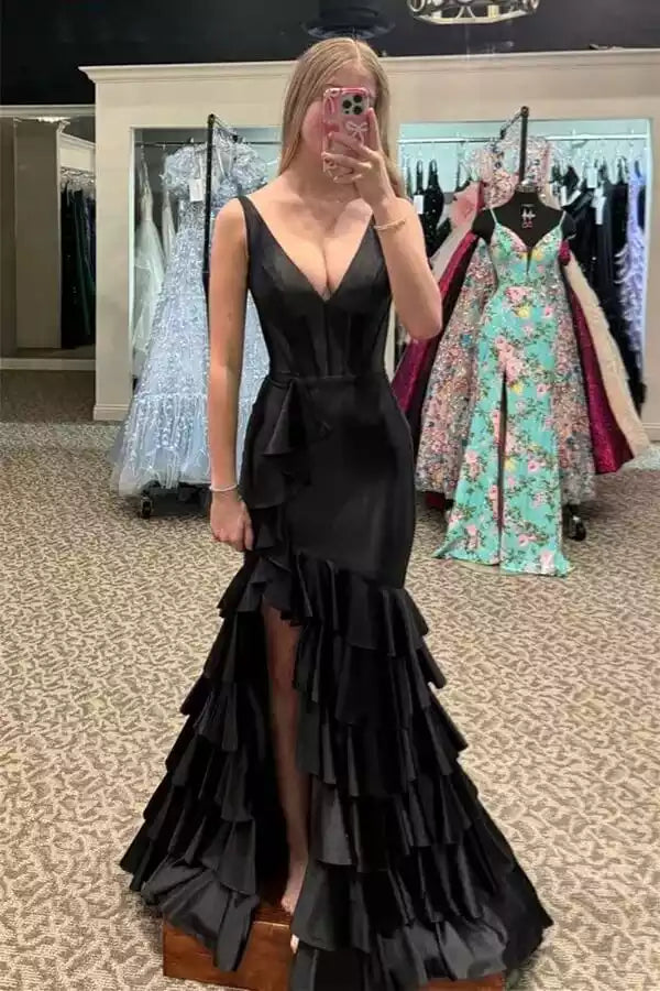 Elegant Black Satin Mermaid Gown with Ruffled Train & Lace-Up Back
