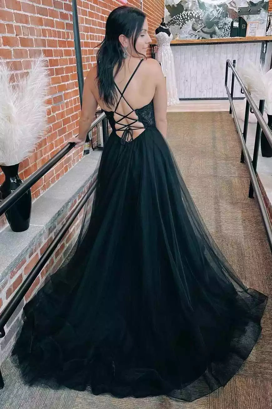 Elegant Black Tulle Gown with Lace Bodice & Crisscross Back
