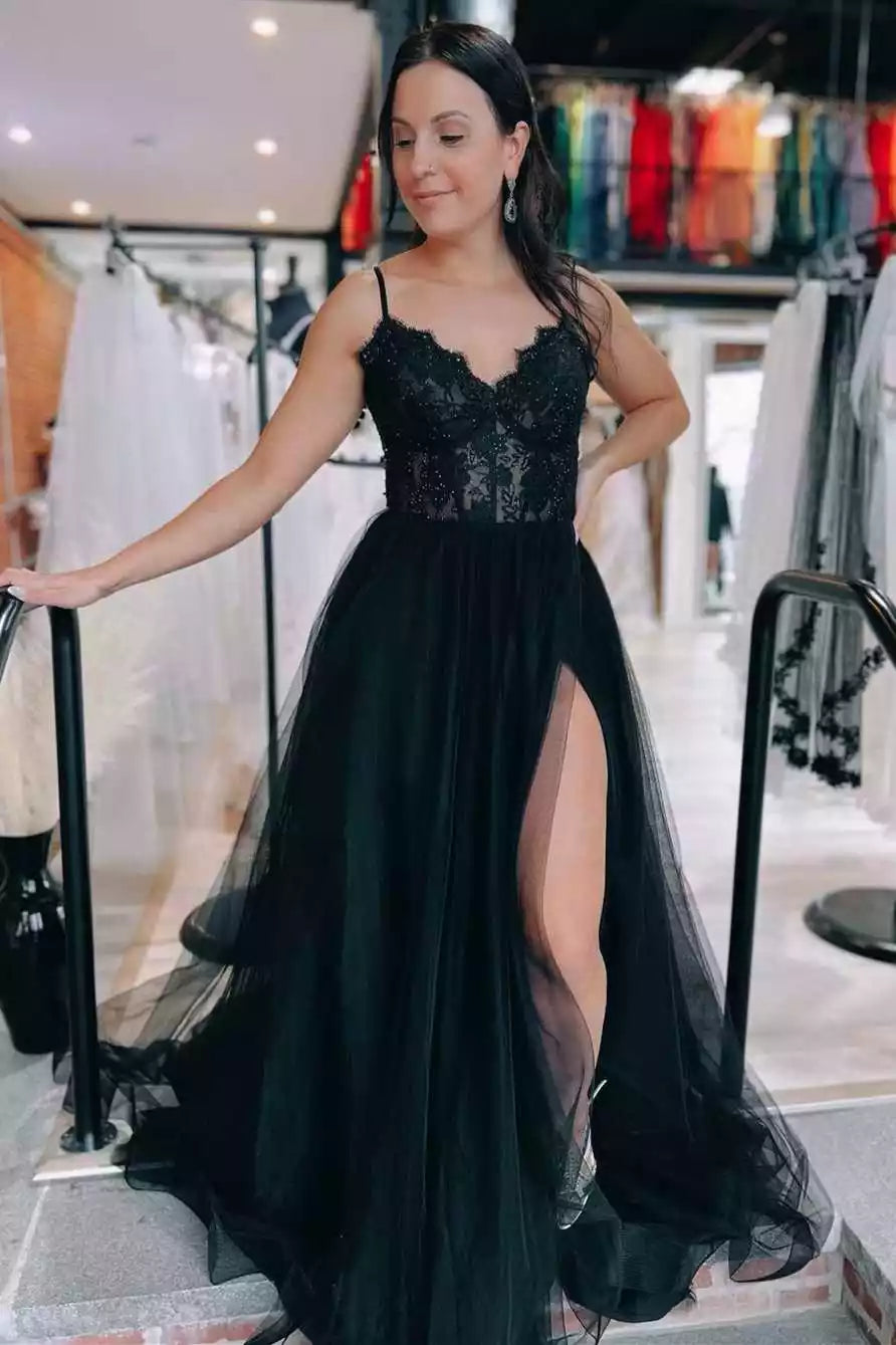 Elegant Black Tulle Gown with Lace Bodice & Crisscross Back
