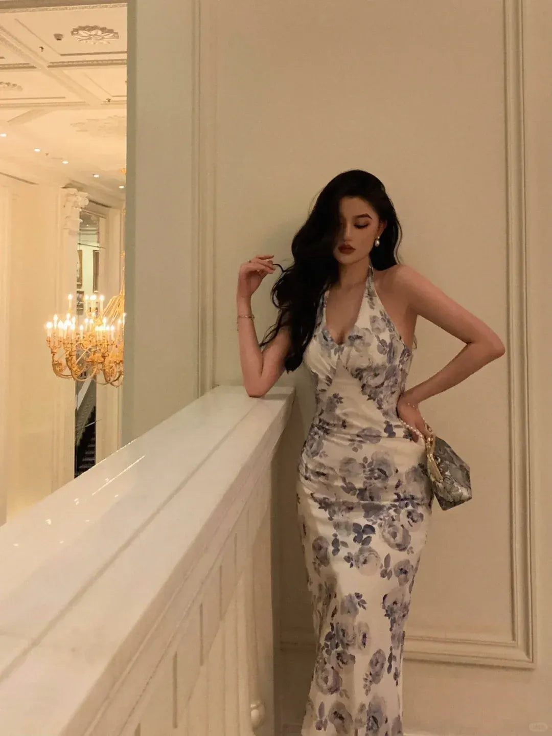 Elegant Blue Rose Print Ivory Satin Halter Neck Midi Dress