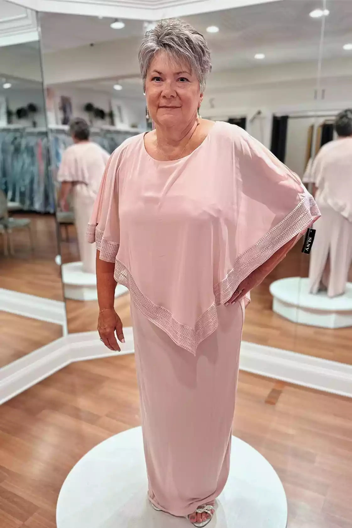 Elegant Blush Capelet Gown with Beaded Trim