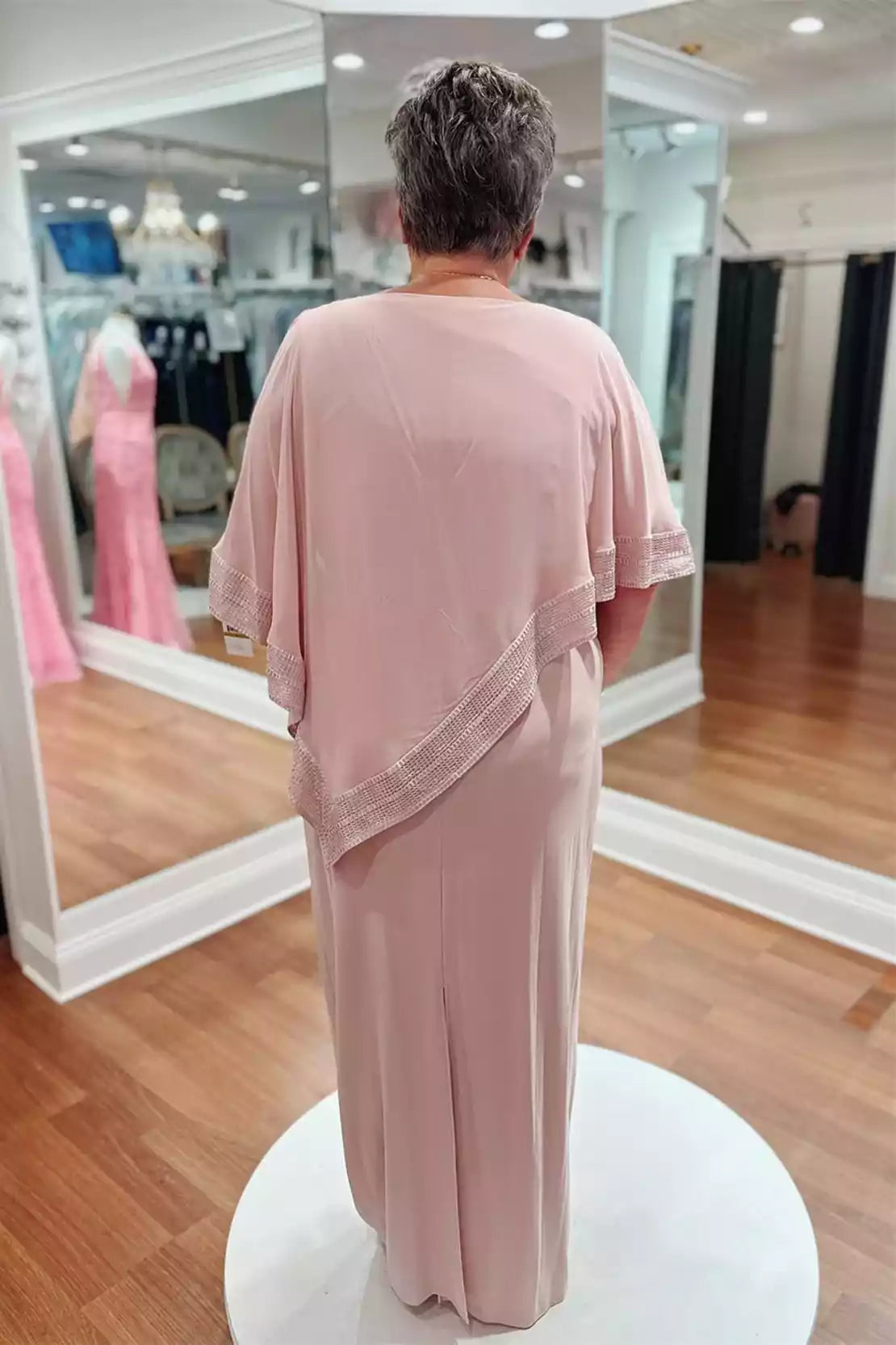 Elegant Blush Capelet Gown with Beaded Trim
