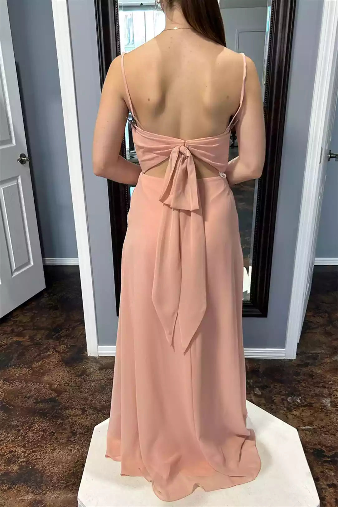 Elegant Blush Chiffon Gown with Tie-Back Cutout & Cowl Neck