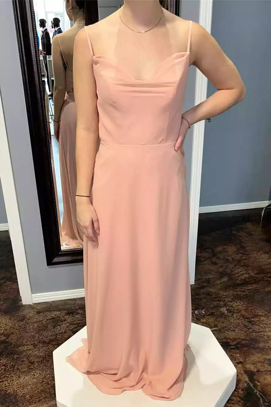Elegant Blush Chiffon Gown with Tie-Back Cutout & Cowl Neck