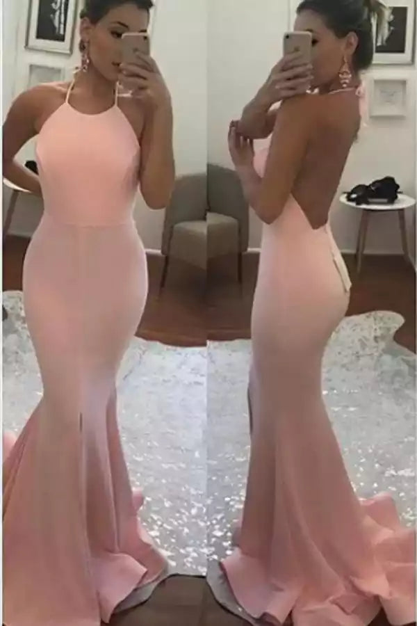 Elegant Blush Pink Mermaid Gown with Halter Neckline & Open Back