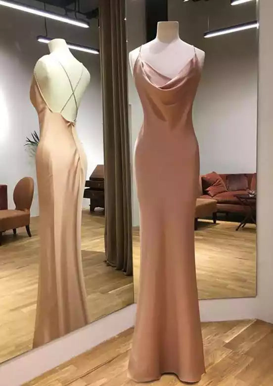 Elegant Blush Satin Gown with Cowl Neck & Crisscross Lace-Up Back