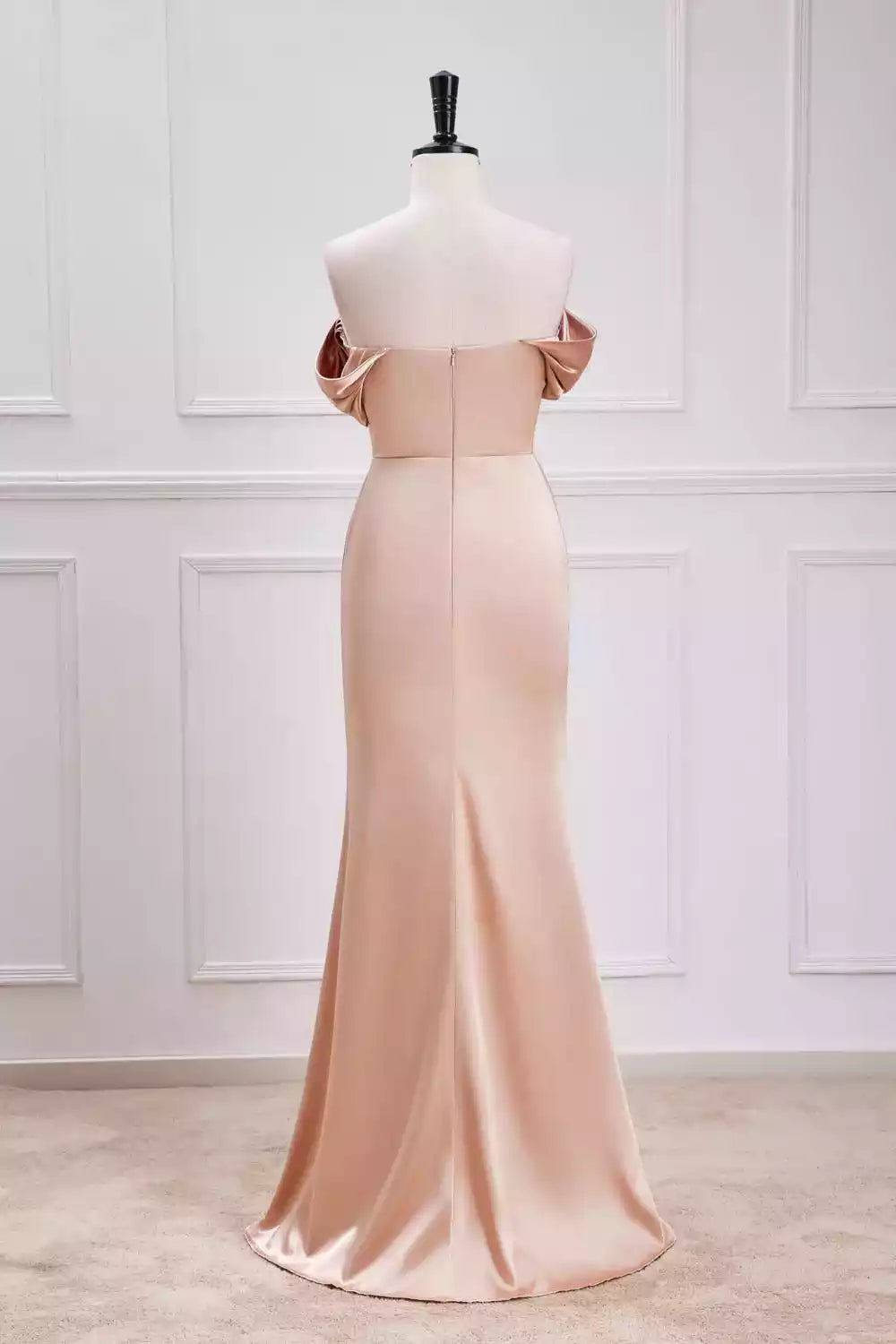 Elegant Blush Satin Gown with Off-the-Shoulder Bow Sleeves & Mermaid Silhouette