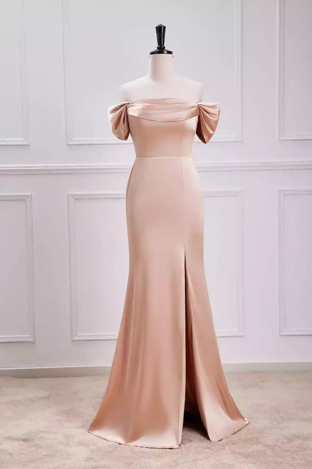 Elegant Blush Satin Gown with Off-the-Shoulder Bow Sleeves & Mermaid Silhouette