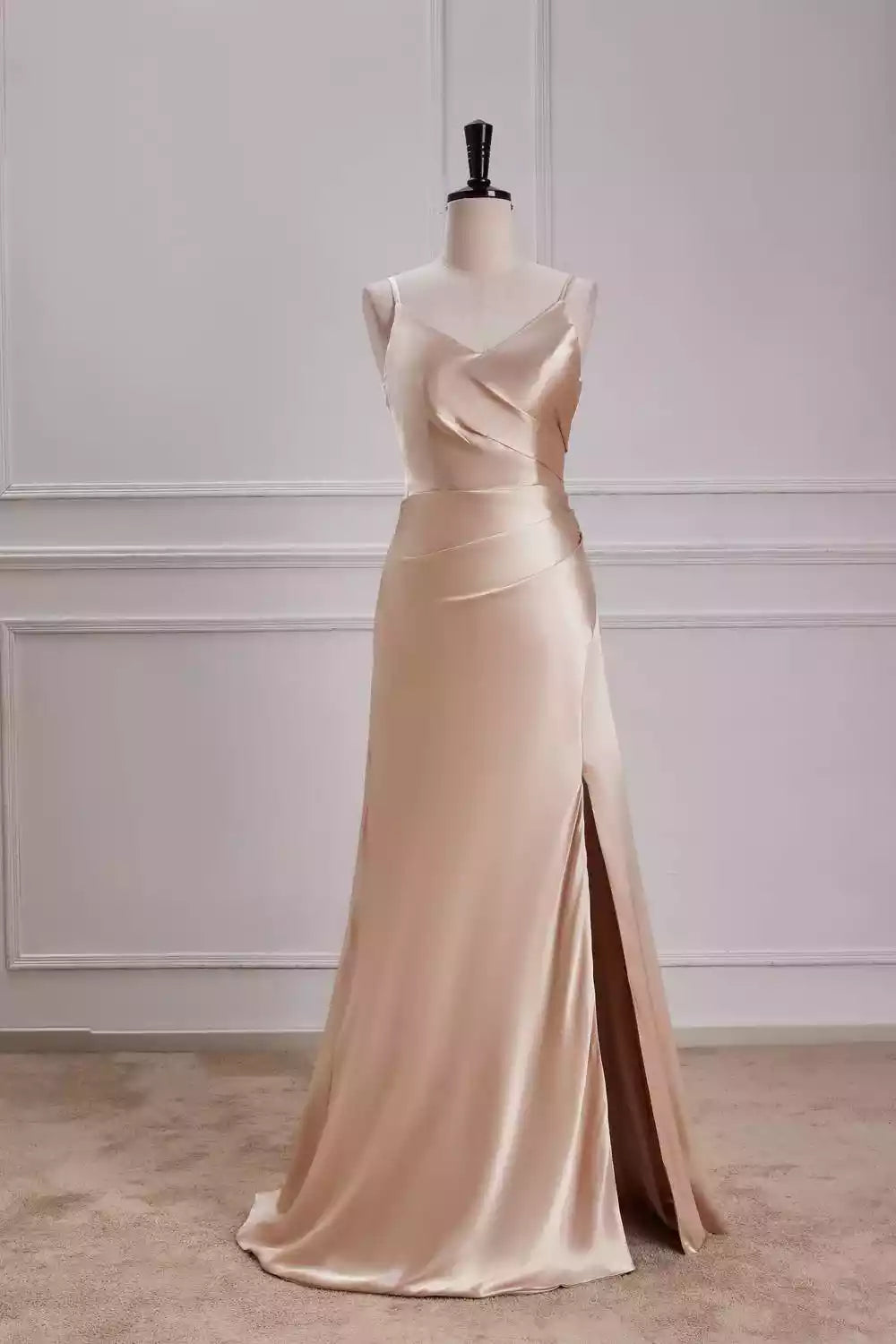 Elegant Blush Satin Gown with Spaghetti Straps & Asymmetrical Ruching